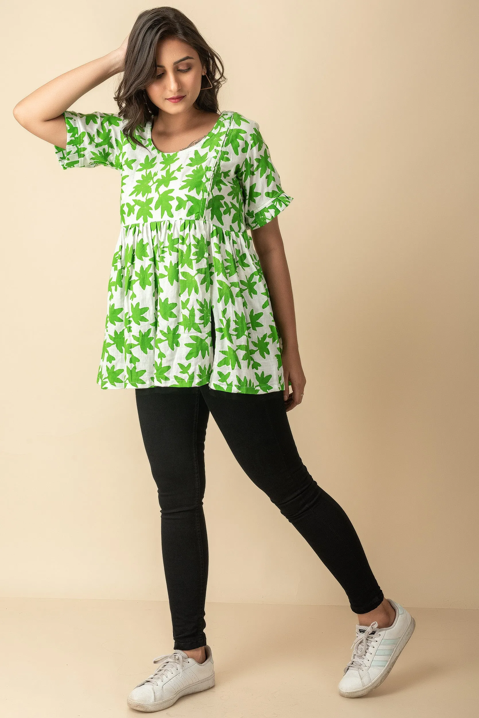 Green Hand Block Printed side slit Indo Western  wear peasant top