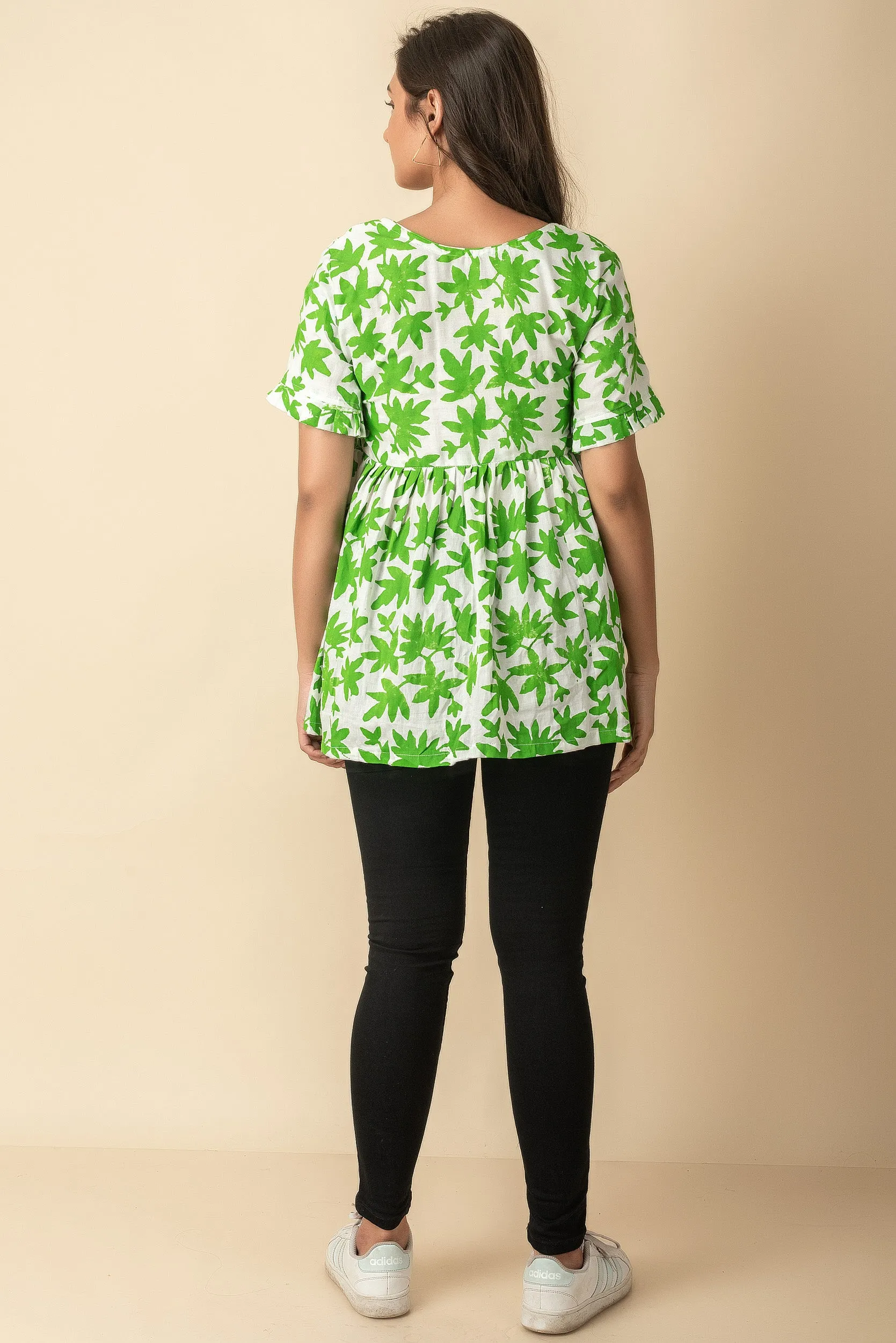 Green Hand Block Printed side slit Indo Western  wear peasant top