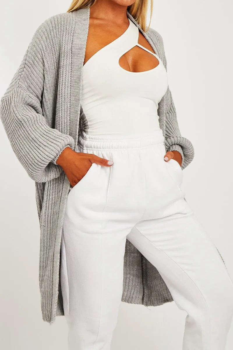 GREY BALLOON SLEEVE LONGLINE KNIT CARDIGAN - ABBIE