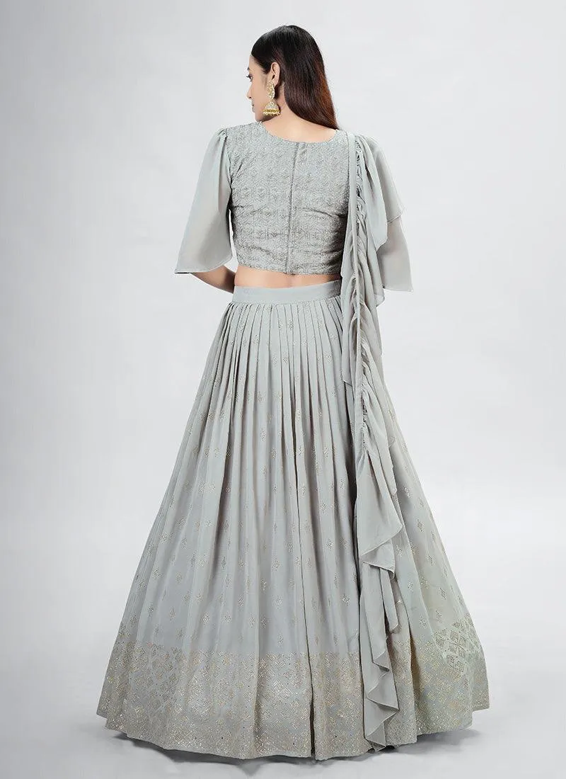 Grey Crop Top Lehenga With Ruffle Dupatta