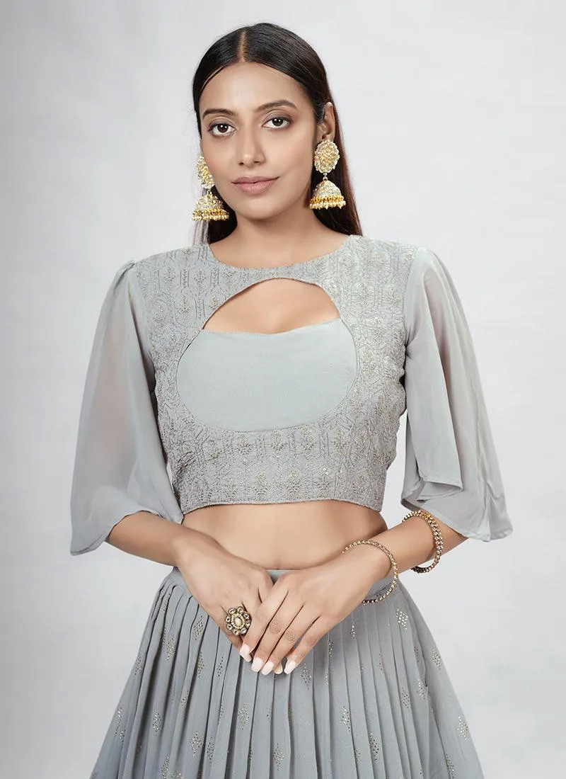 Grey Crop Top Lehenga With Ruffle Dupatta