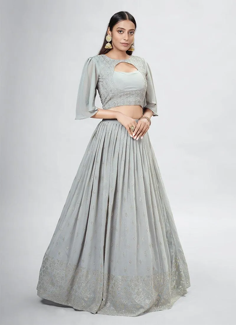 Grey Crop Top Lehenga With Ruffle Dupatta