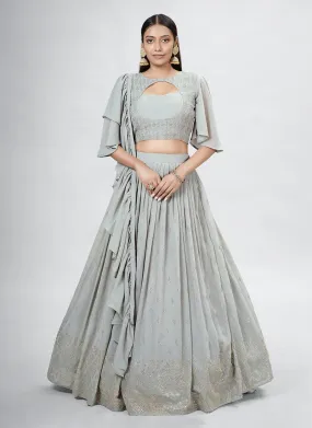 Grey Crop Top Lehenga With Ruffle Dupatta