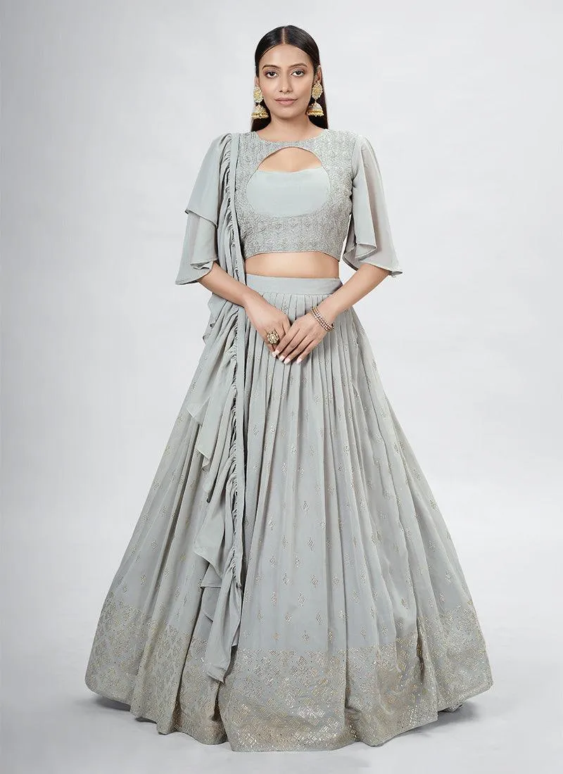 Grey Crop Top Lehenga With Ruffle Dupatta