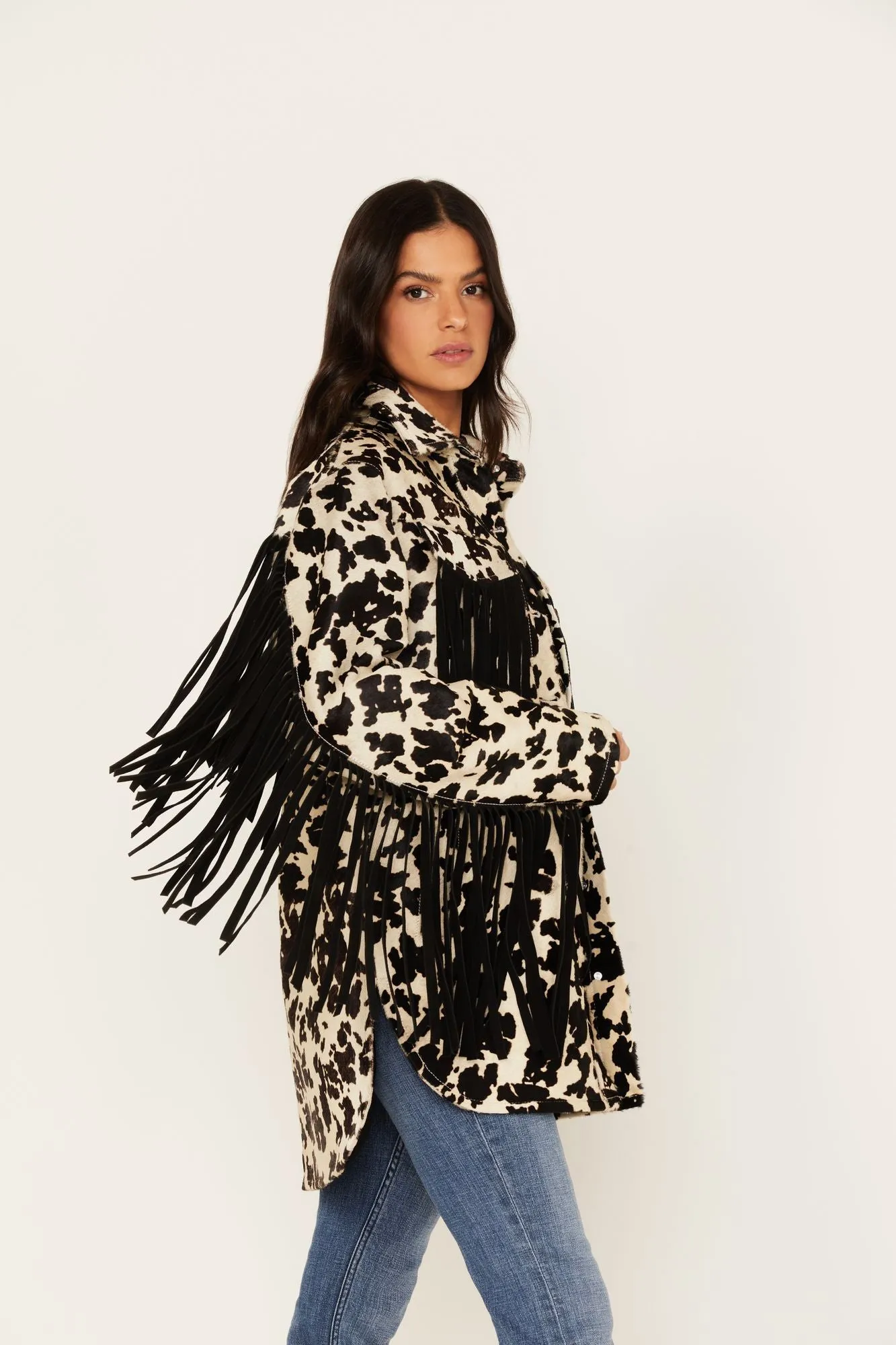 Hair-On Cow Hide Fringe Shacket Jacket