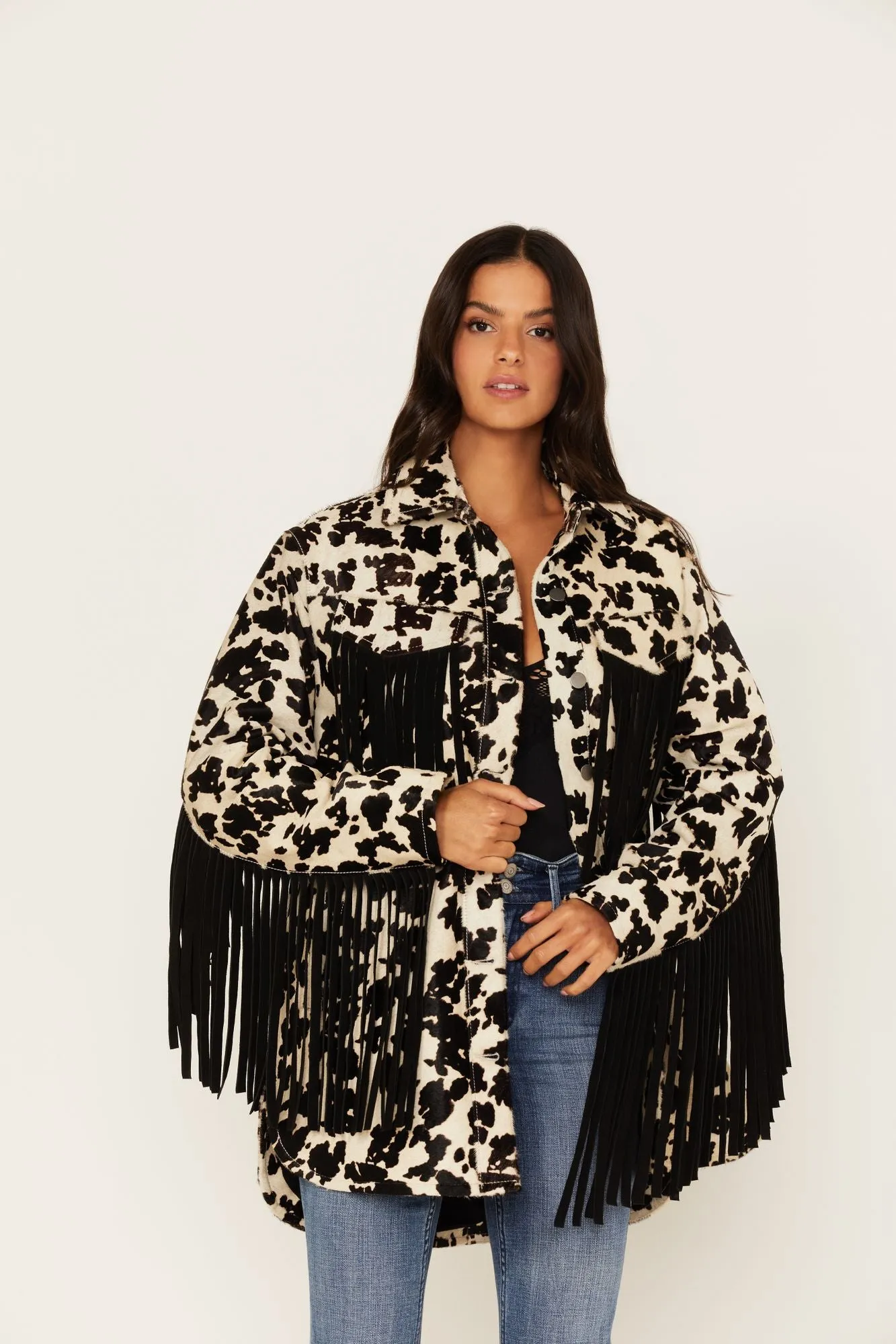Hair-On Cow Hide Fringe Shacket Jacket