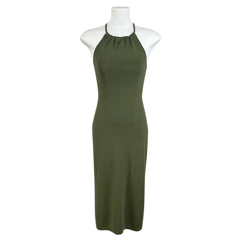 IKEARLAX Halter Spaghetti Straps Dress Women's  Summer New Sexy Backless Hip Skirt Lace-up Knitted Sleeveless Dress