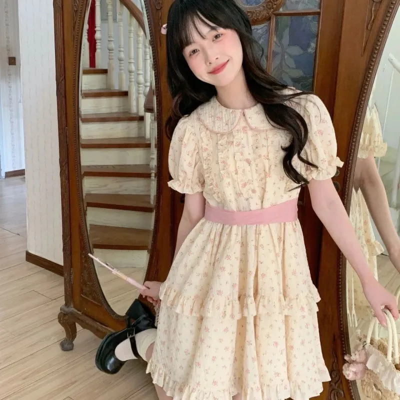 IKERRLAX Early Spring New Mori Style Dopamine Plaid Floral Minority Fashion Western Style All-Matching Small White Sweet Princess Dress