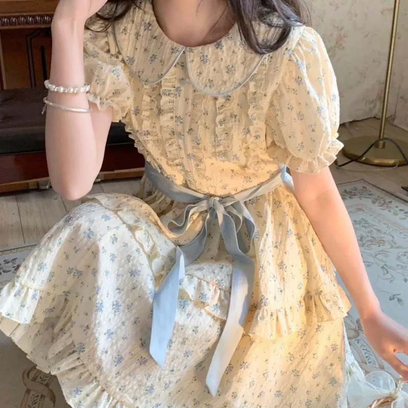 IKERRLAX Early Spring New Mori Style Dopamine Plaid Floral Minority Fashion Western Style All-Matching Small White Sweet Princess Dress