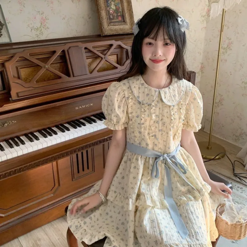 IKERRLAX Early Spring New Mori Style Dopamine Plaid Floral Minority Fashion Western Style All-Matching Small White Sweet Princess Dress