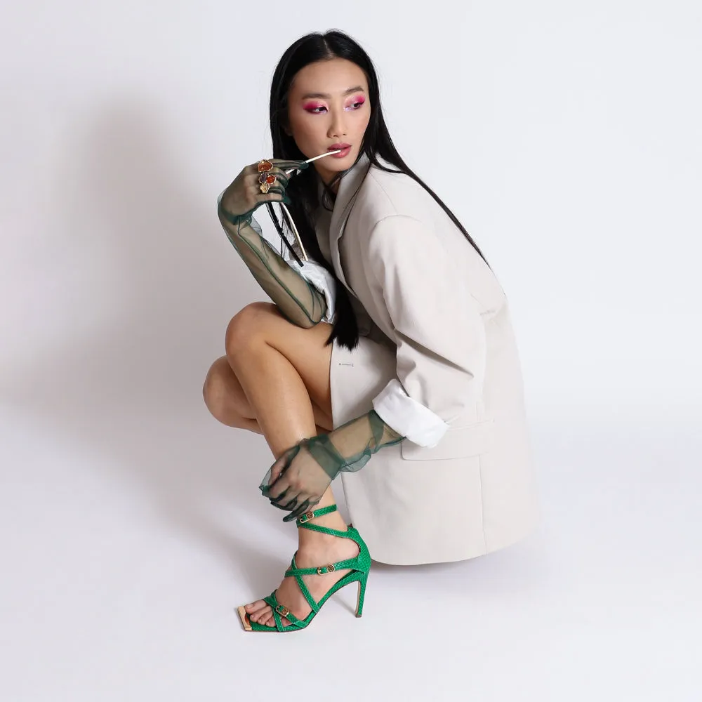 IVA GREEN MINI VIPER EMBOSSED LEATHER SANDALS