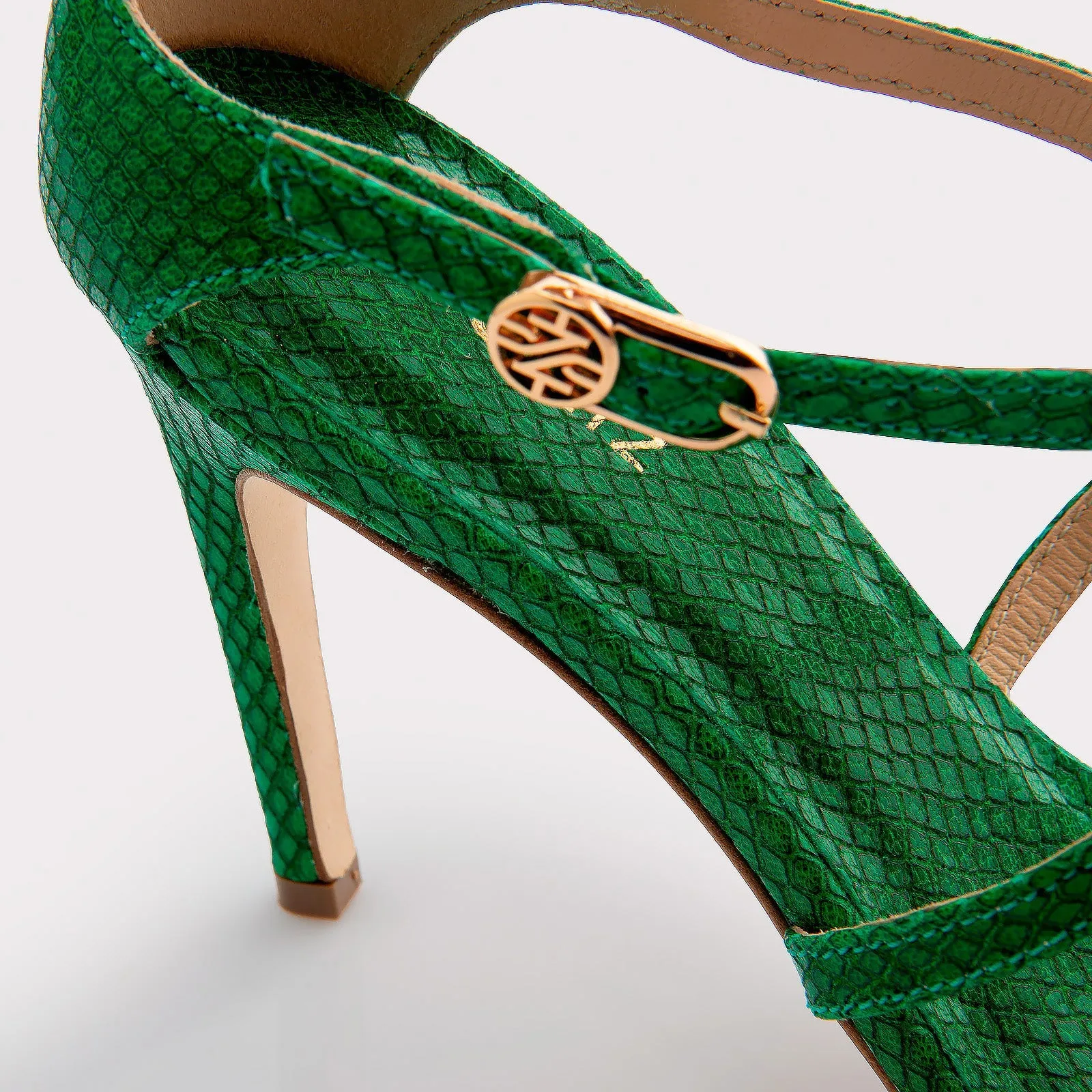 IVA GREEN MINI VIPER EMBOSSED LEATHER SANDALS