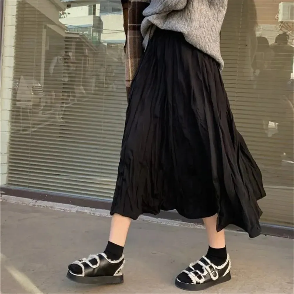 Japanese Elegant Irregular Wrinkled Long Skirt Women High Waist Wrinkled Black White Pleated Skirt Korean Gothic Midi Saia