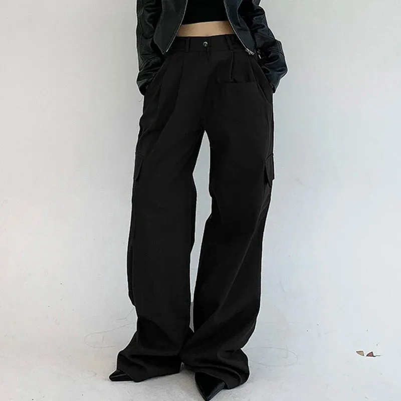 Korean Fashion Pleated Suit Pants Solid Elegant Basic Cargo Trousers Women Harajuku Folds Pockets Sweatpants Outfits