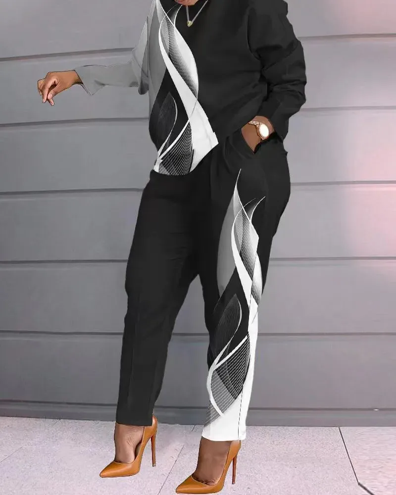 LVSANW Autumn Casual Printed 2 Piece Outfit Women Fashion Sport Two Piece Set Long Sleeve T Shirt Tops Pants Suit Women Tracksuit Sets