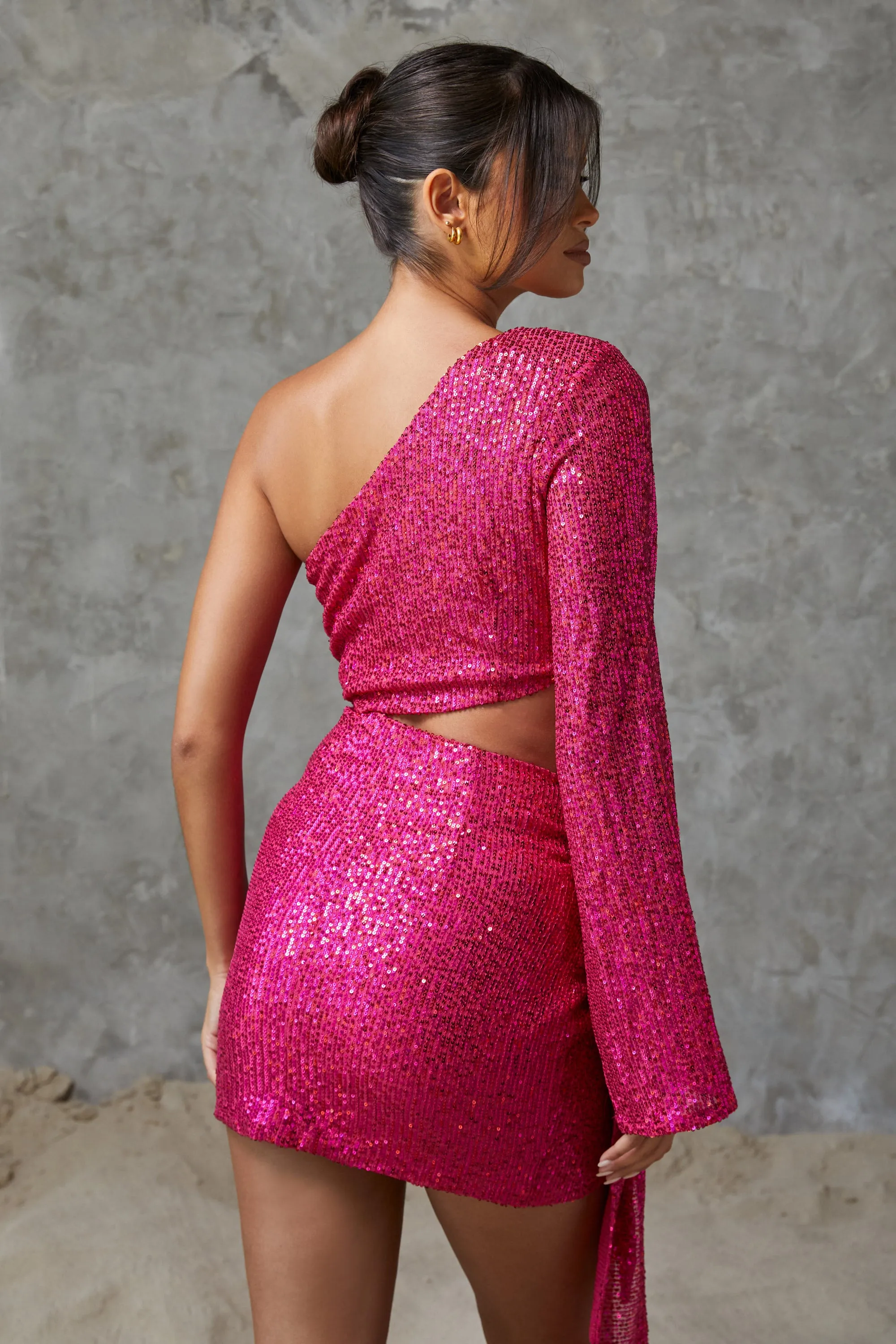 Lydia Sequin One Shoulder Tie Dress Fuchsia