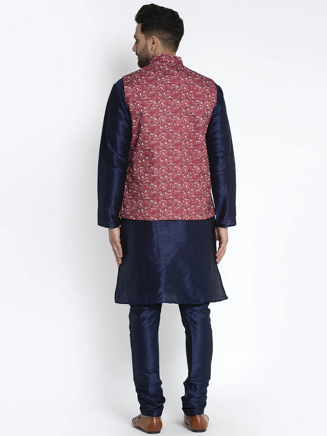 Men's Silk Blend Navy Blue Kurta With Pyjama & Maroon Printed Nehru Jacket - Benstoke