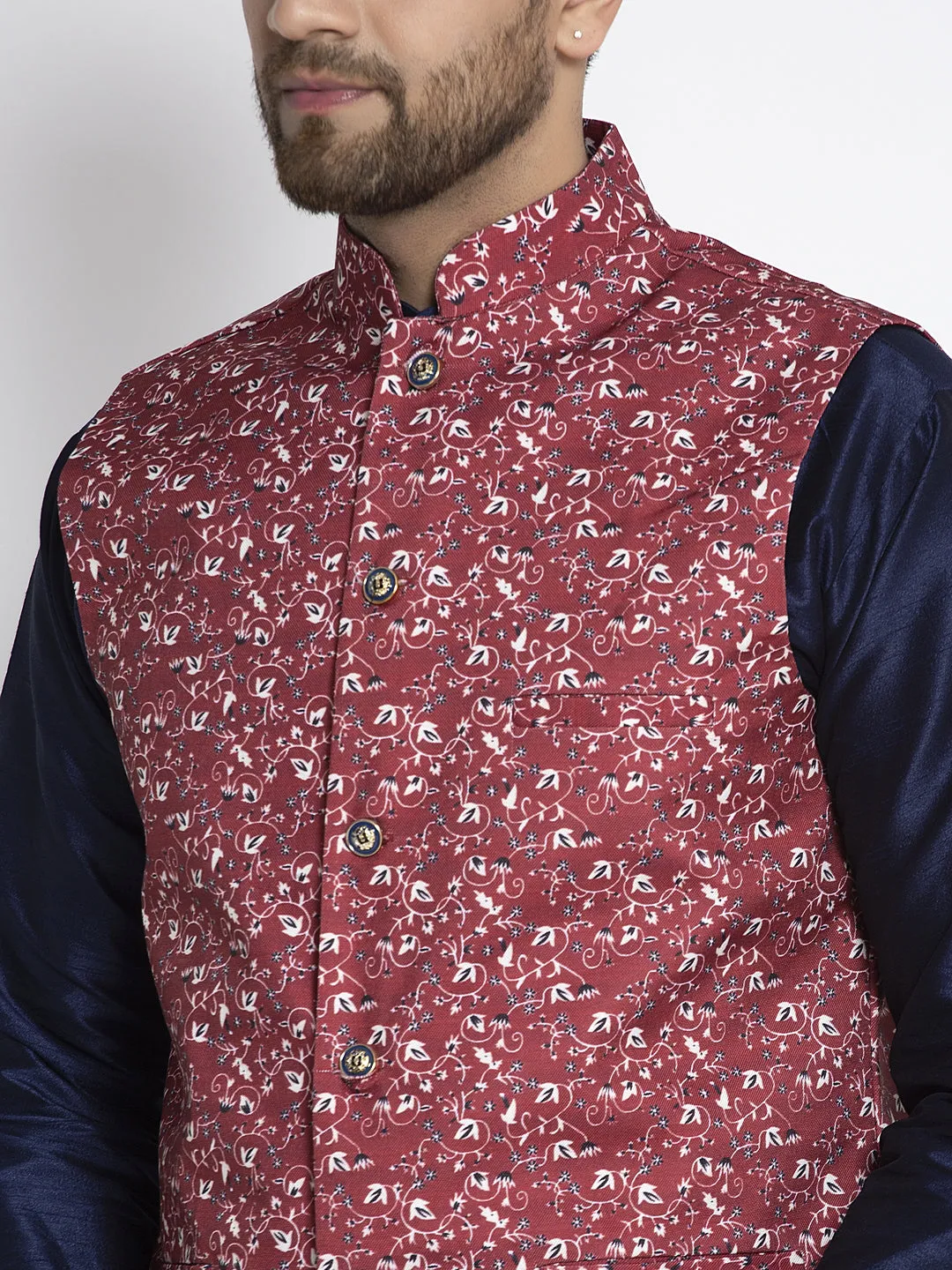 Men's Silk Blend Navy Blue Kurta With Pyjama & Maroon Printed Nehru Jacket - Benstoke