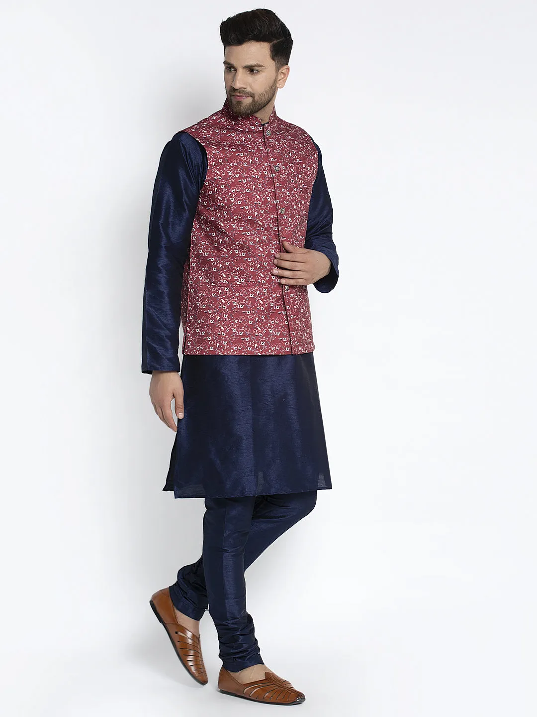 Men's Silk Blend Navy Blue Kurta With Pyjama & Maroon Printed Nehru Jacket - Benstoke