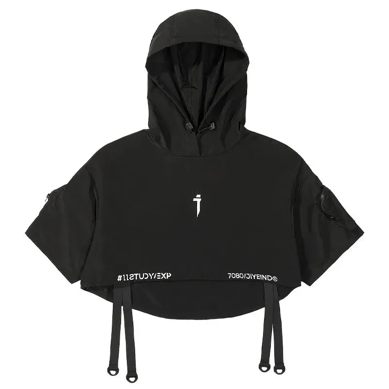 Monochrome Matrix Ensemble - Techwear Functional Hooded Short Coat Shawl for Men Harajuku Accessory Bag
