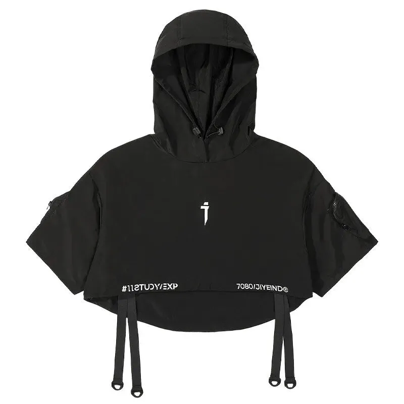 Monochrome Matrix Ensemble - Techwear Functional Hooded Short Coat Shawl for Men Harajuku Accessory Bag