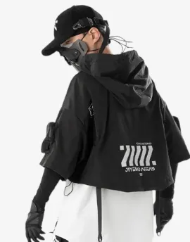 Monochrome Matrix Ensemble - Techwear Functional Hooded Short Coat Shawl for Men Harajuku Accessory Bag