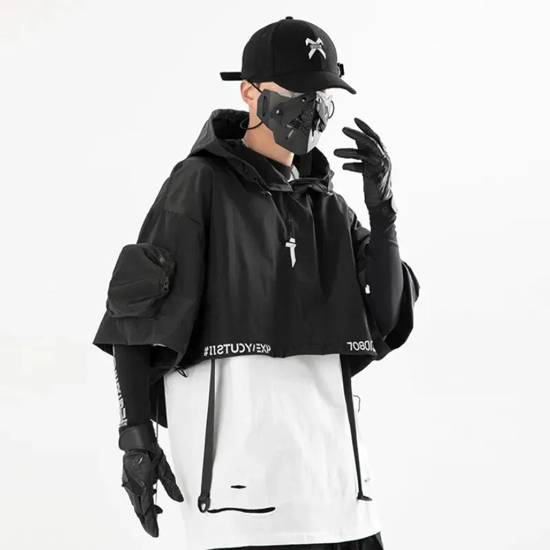 Monochrome Matrix Ensemble - Techwear Functional Hooded Short Coat Shawl for Men Harajuku Accessory Bag