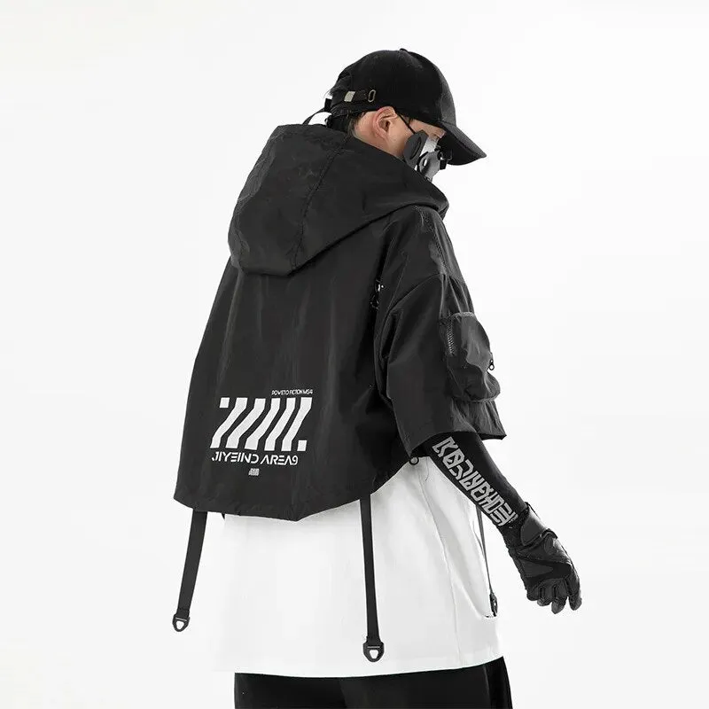 Monochrome Matrix Ensemble - Techwear Functional Hooded Short Coat Shawl for Men Harajuku Accessory Bag