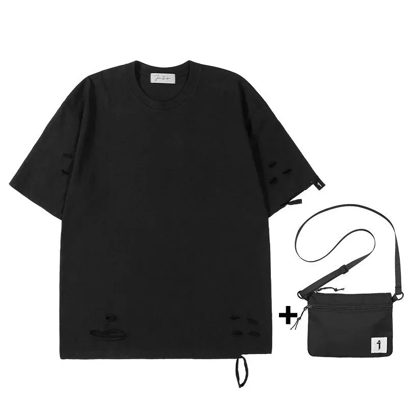 Monochrome Matrix Ensemble - Techwear Functional Hooded Short Coat Shawl for Men Harajuku Accessory Bag