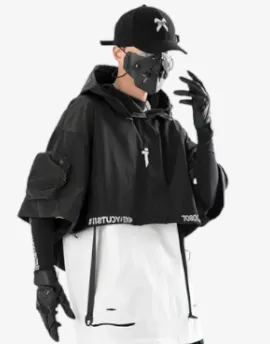 Monochrome Matrix Ensemble - Techwear Functional Hooded Short Coat Shawl for Men Harajuku Accessory Bag
