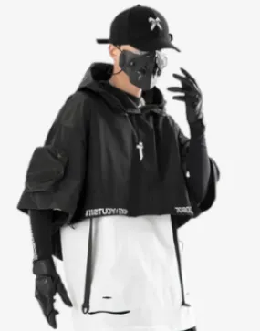 Monochrome Matrix Ensemble - Techwear Functional Hooded Short Coat Shawl for Men Harajuku Accessory Bag
