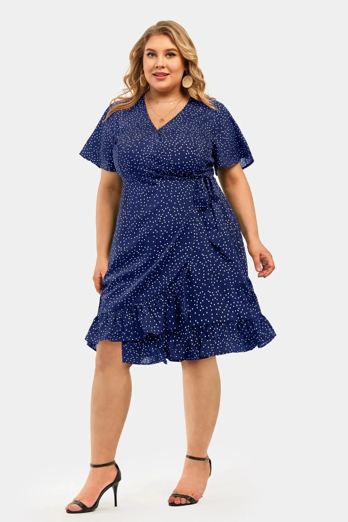 Polka Dot Print V Neck Split Hem Wrap Mini Dress