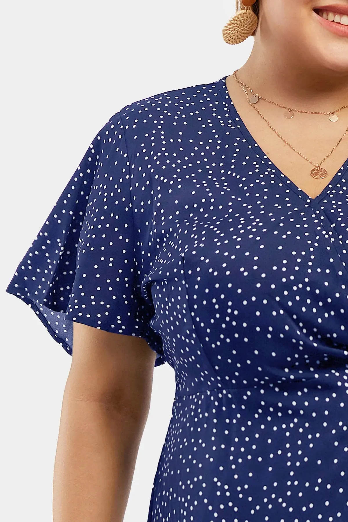 Polka Dot Print V Neck Split Hem Wrap Mini Dress