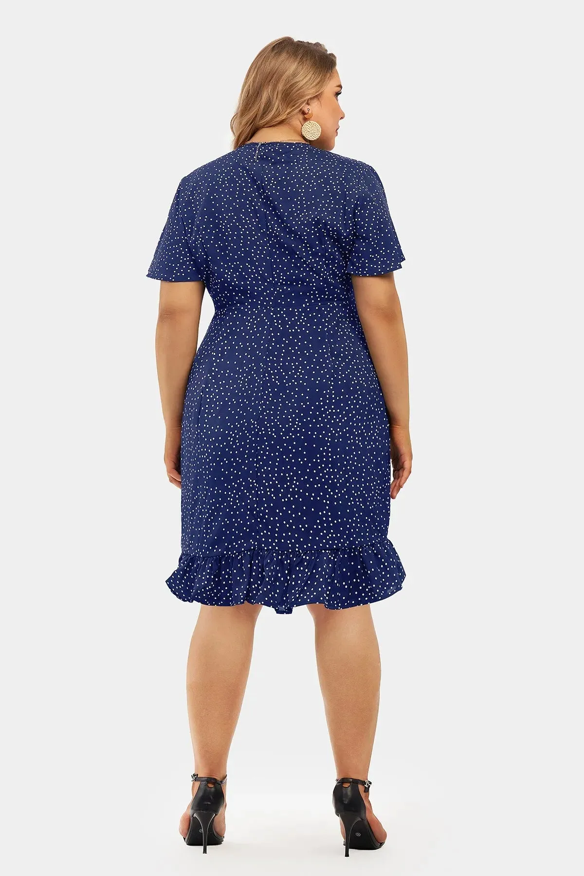 Polka Dot Print V Neck Split Hem Wrap Mini Dress