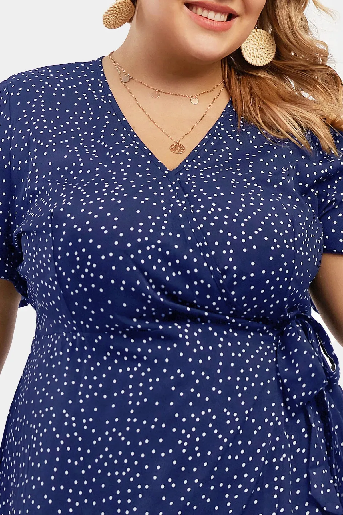Polka Dot Print V Neck Split Hem Wrap Mini Dress
