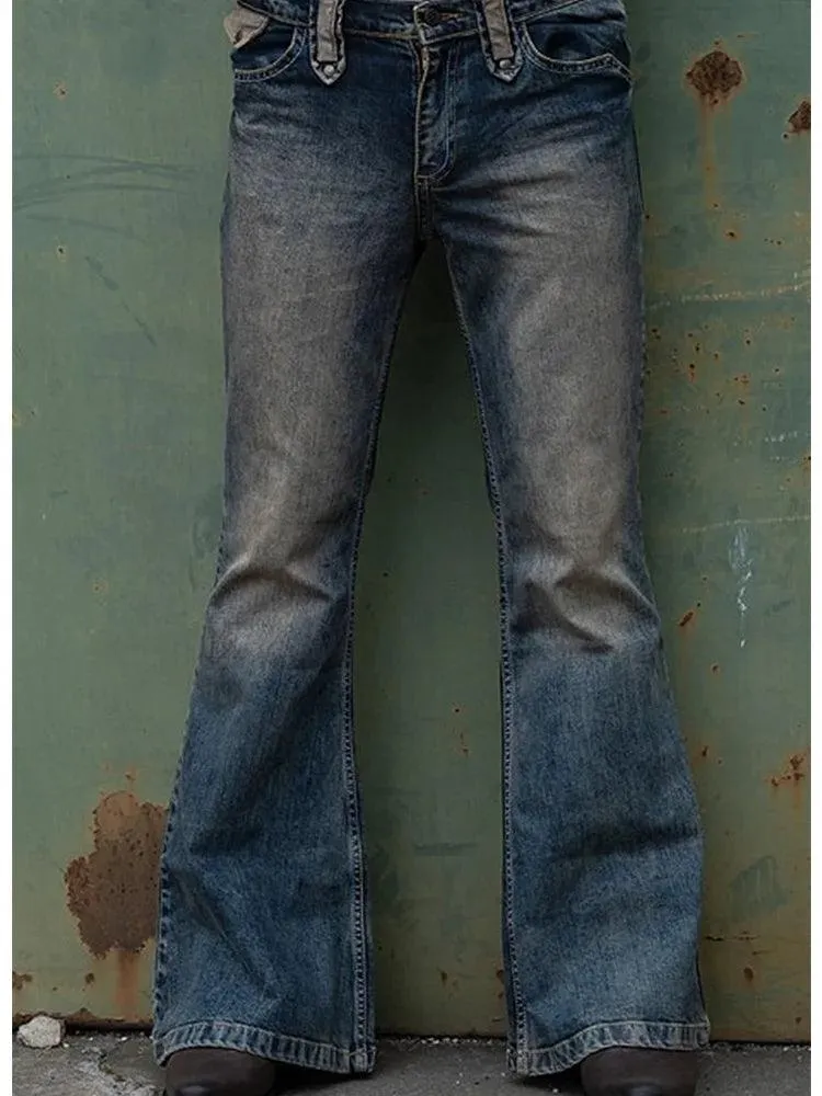 Punk Style Men Flared Baggy Jeans Bootcut Leg Distressed Patchwork Denim Pants New Designer Bell Bottom Trousers Fall Winter