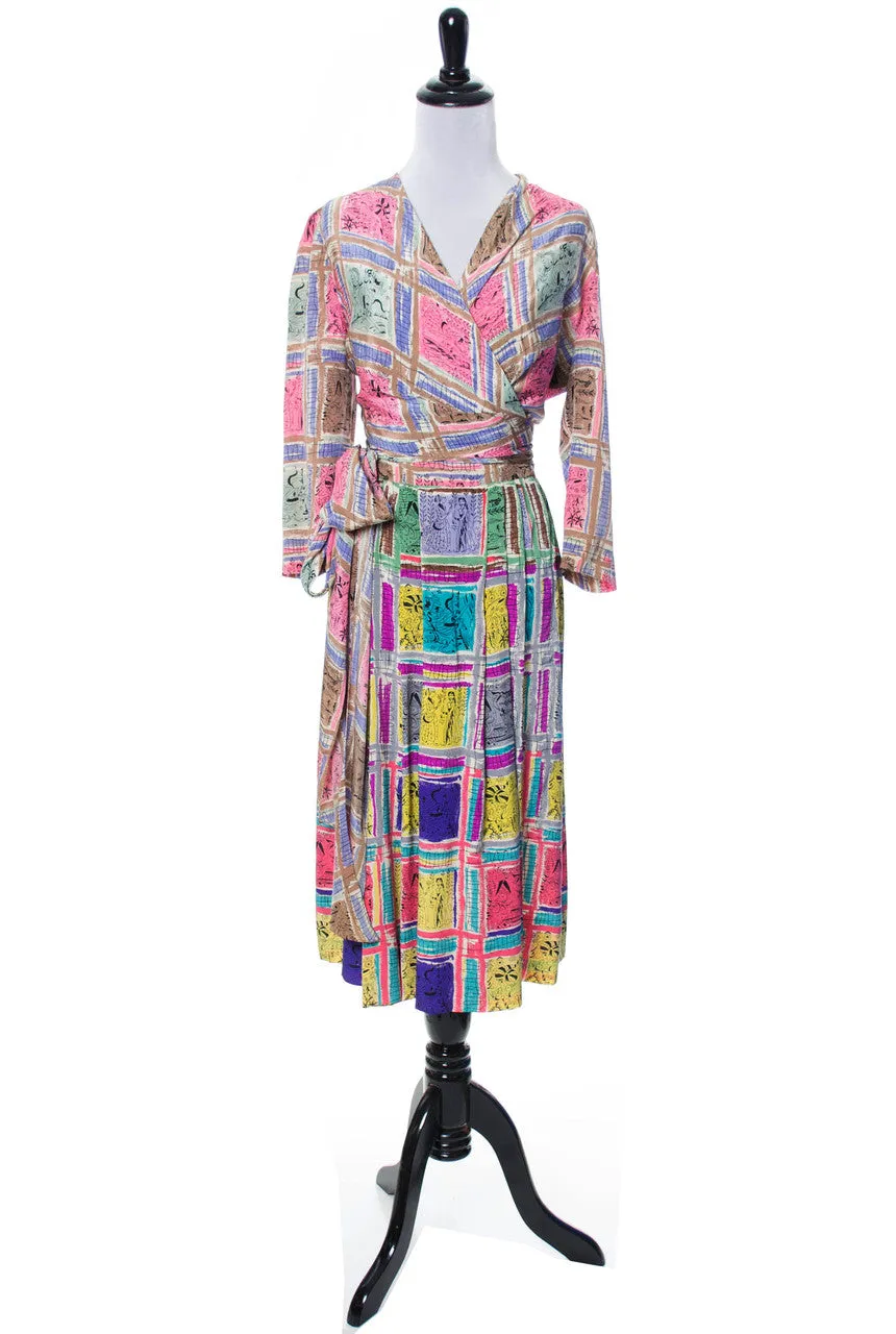 RARE Gilbert Adrian 2 piece silk dress and wrap top native novelty print SOLD