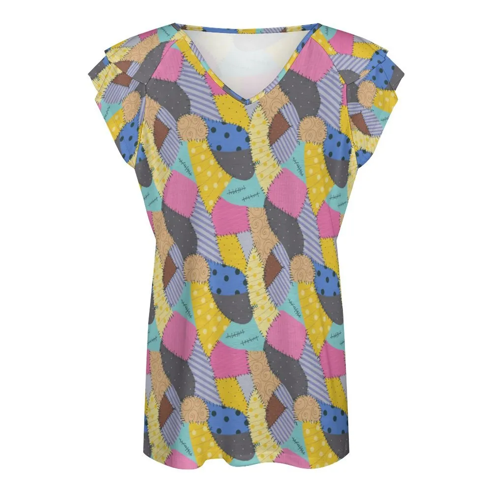 Sally's Dress Women's Ruffle Sleeve V-Neck T-Shirt