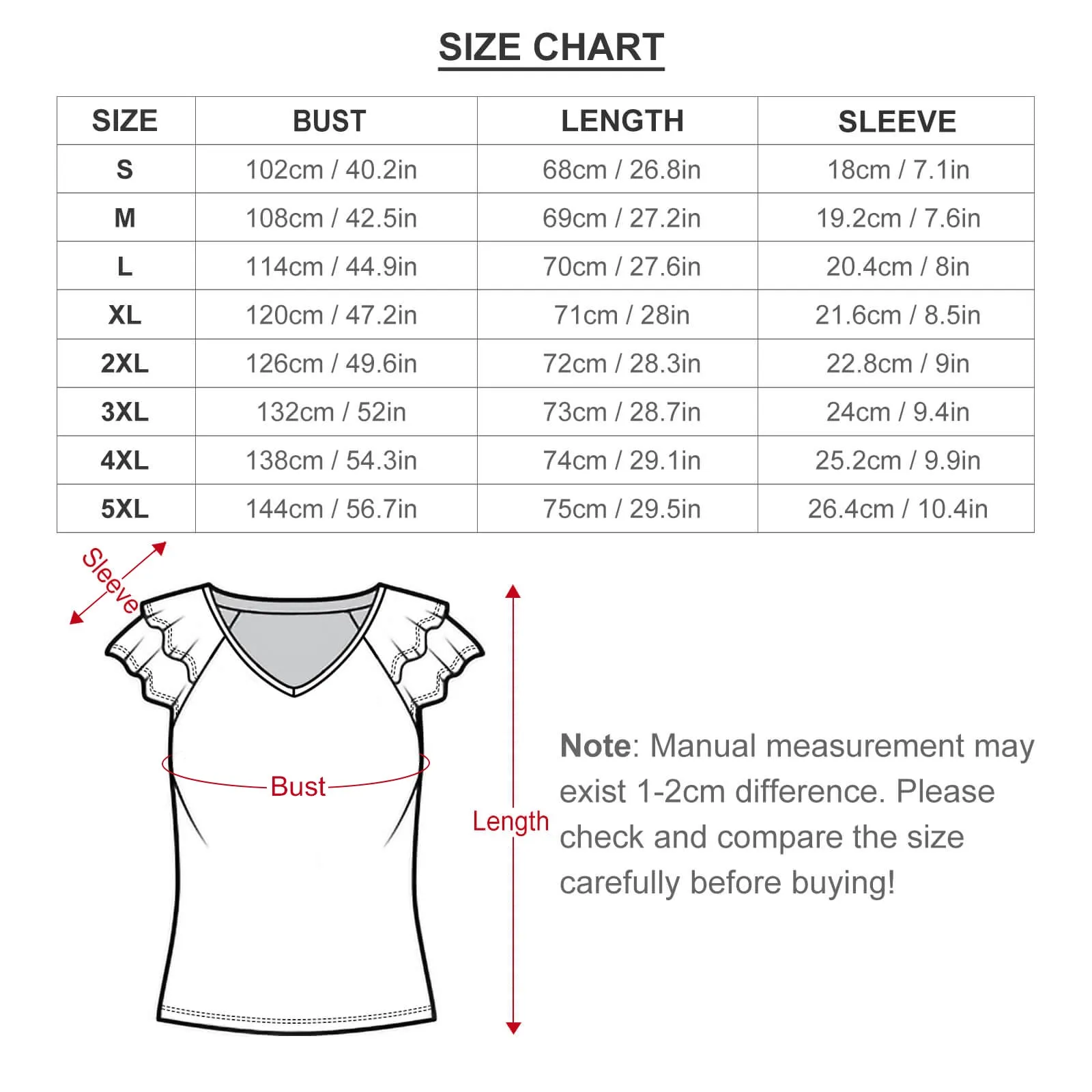 Sally's Dress Women's Ruffle Sleeve V-Neck T-Shirt