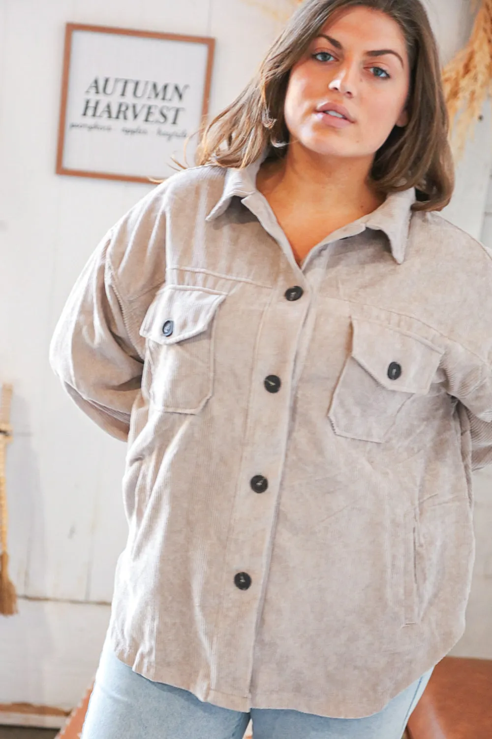 Sand Vintage Oversized Corduroy Button-Up Pocketed Shacket