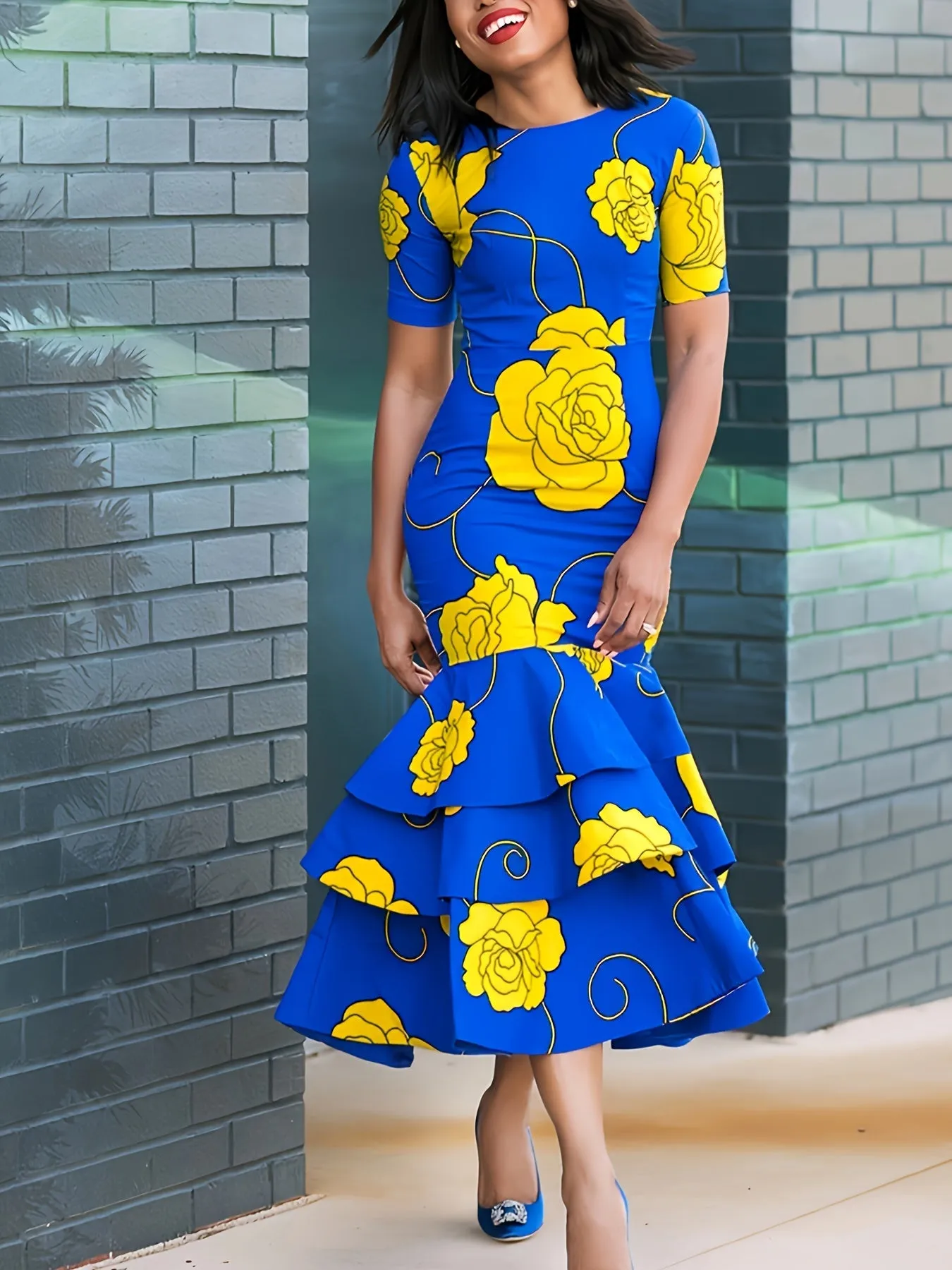 Spring-Summer Chic: Women's Floral Print A-Line Dress with Ruffle Hem - Easy Care & Versatile