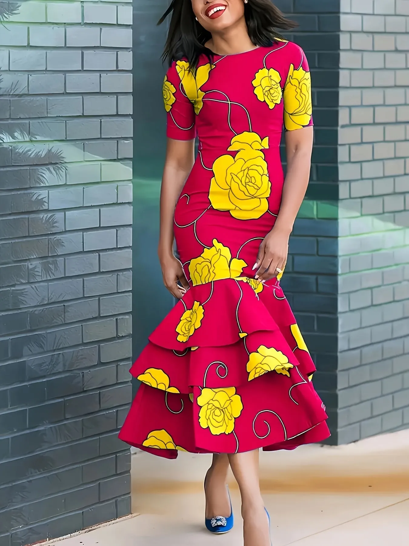 Spring-Summer Chic: Women's Floral Print A-Line Dress with Ruffle Hem - Easy Care & Versatile