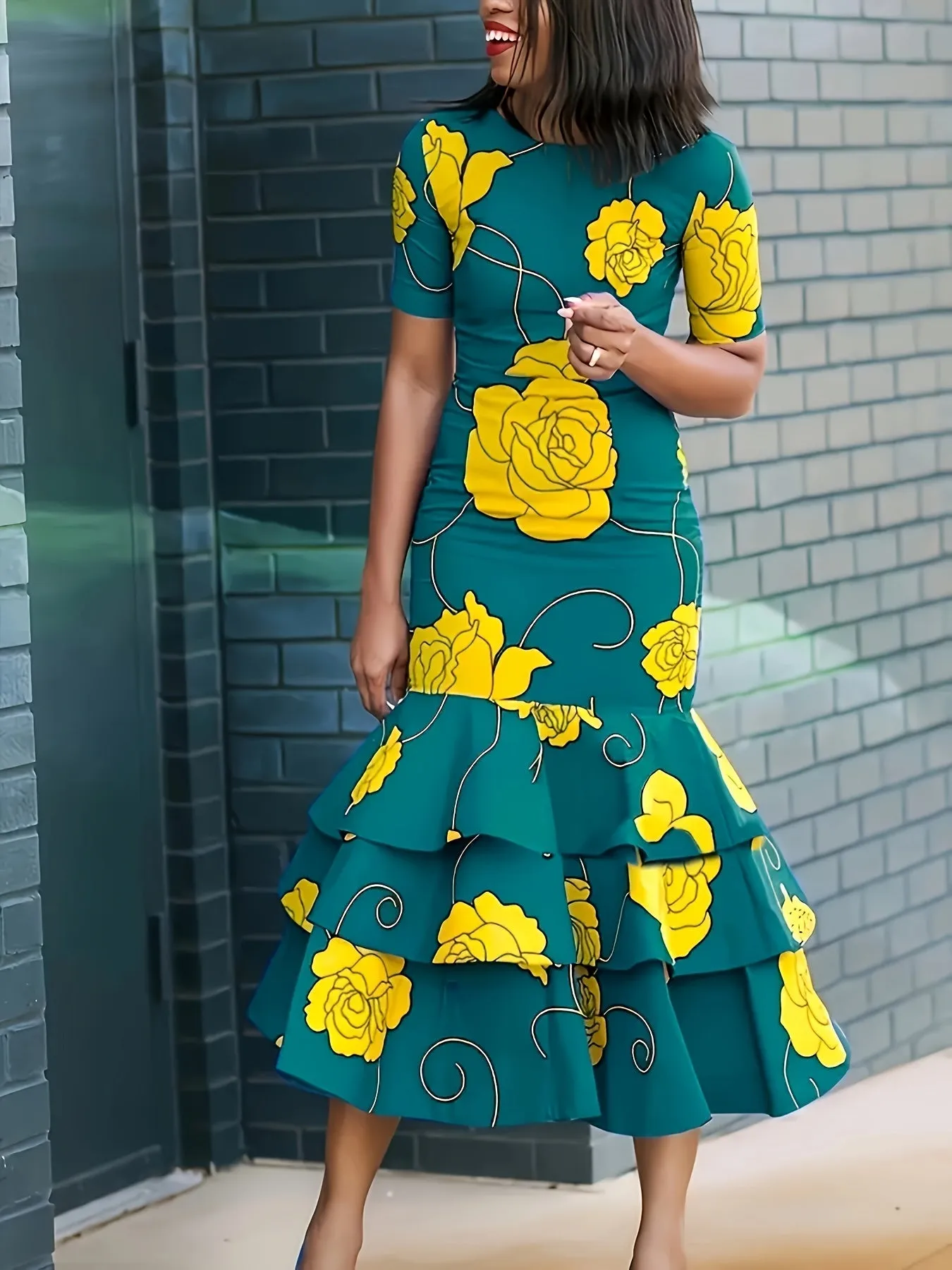 Spring-Summer Chic: Women's Floral Print A-Line Dress with Ruffle Hem - Easy Care & Versatile