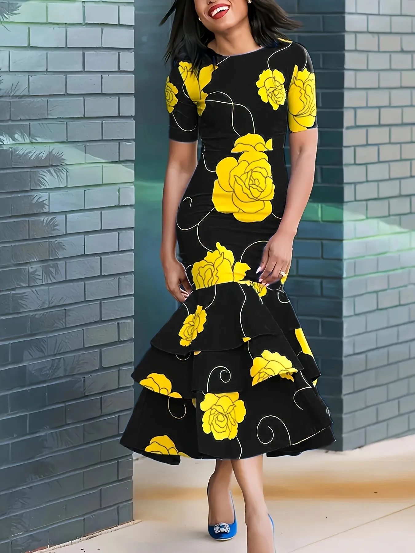 Spring-Summer Chic: Women's Floral Print A-Line Dress with Ruffle Hem - Easy Care & Versatile