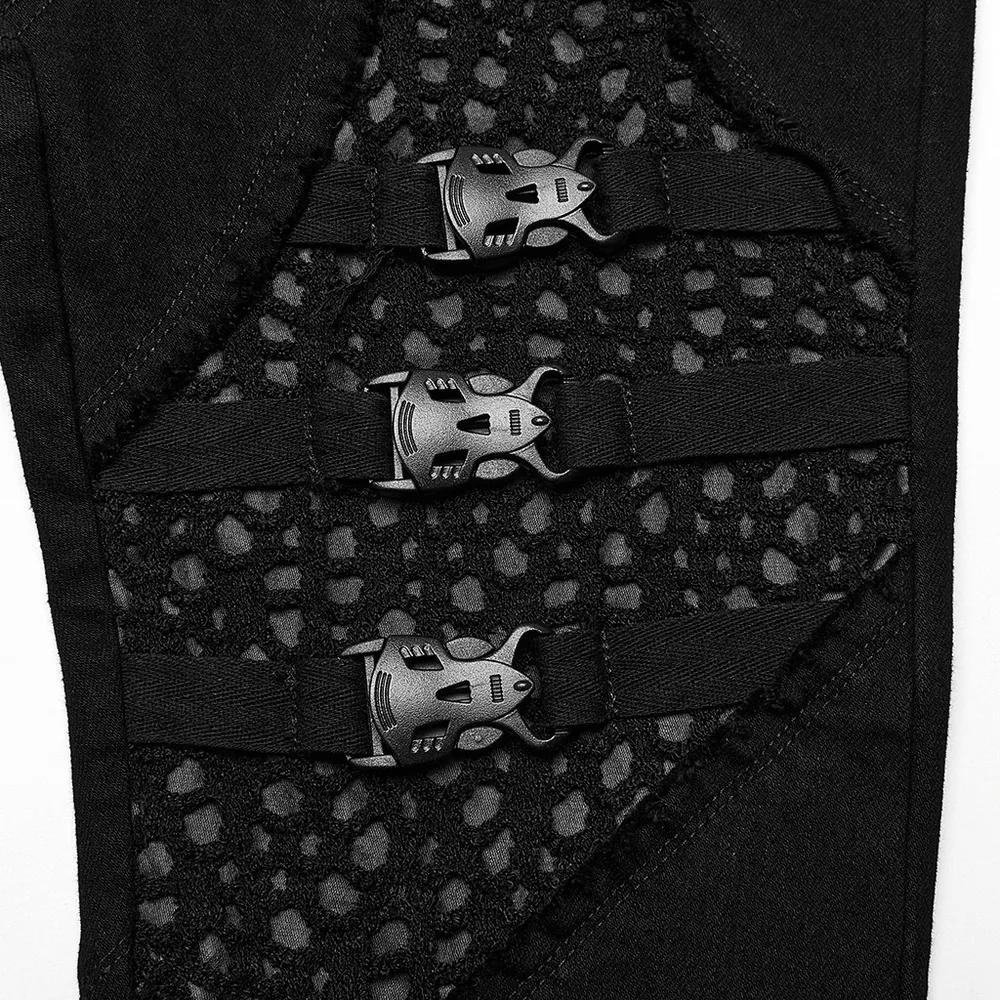 Stylish Punk Edgy Mesh-Insert Eyelet Denim Flares