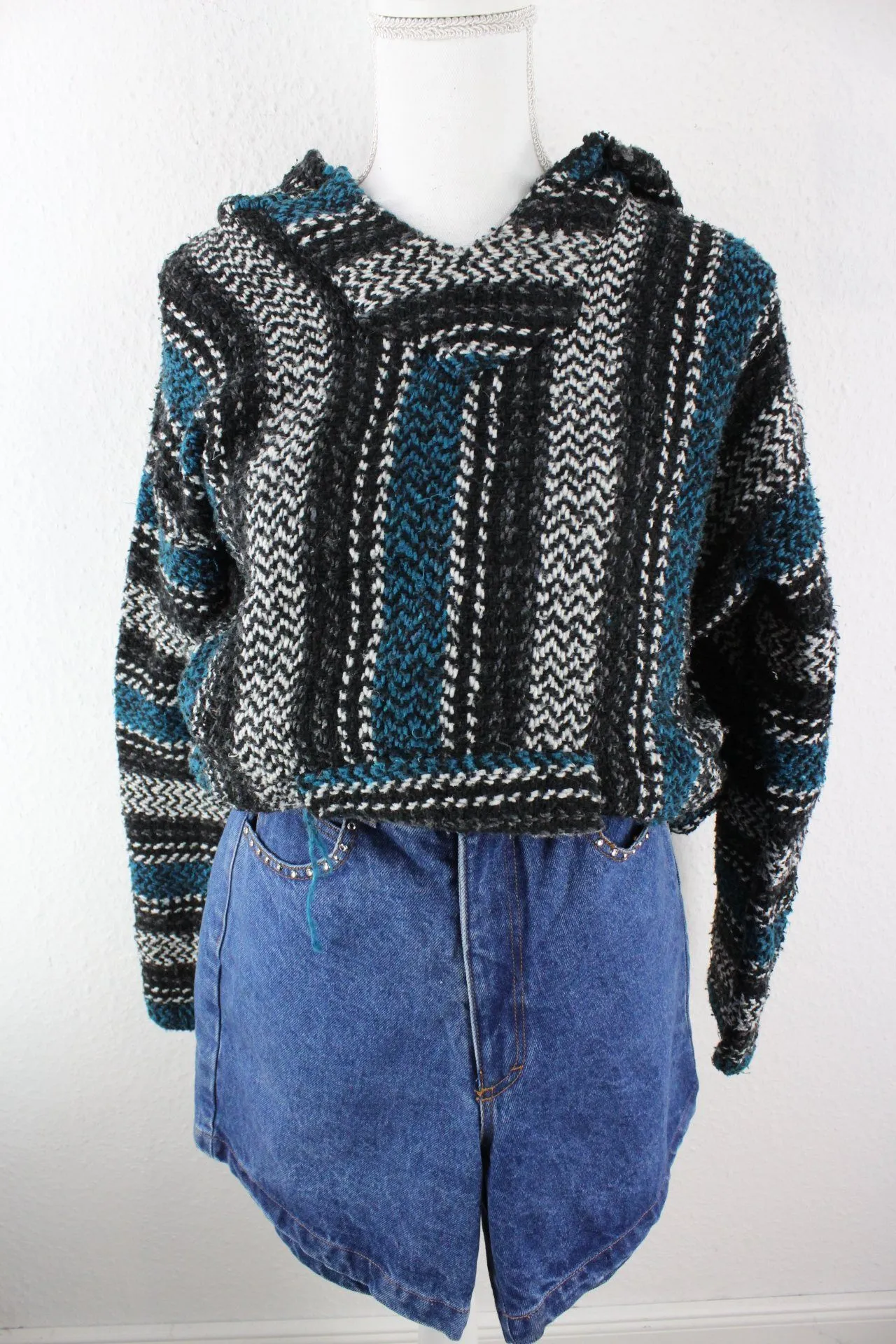 Vintage Blue Stripe Knit Hoodie (L)