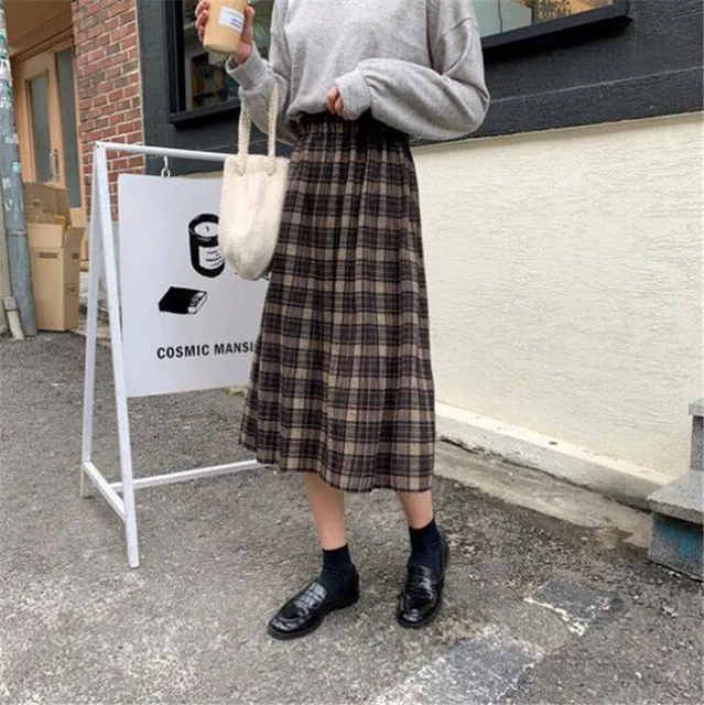 Voguable Vintage Wool Pleated Plaid Skirt Women High Waist Plus Size Long Skirt Autumn Winter Harajuku Female Party Skirt Streetwear
