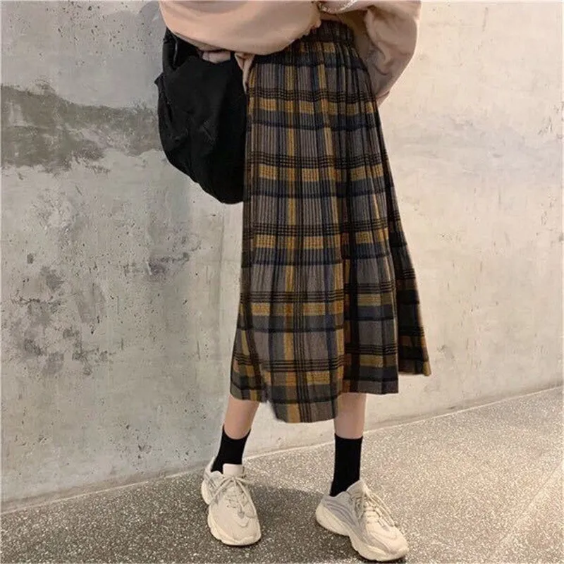 Voguable Vintage Wool Pleated Plaid Skirt Women High Waist Plus Size Long Skirt Autumn Winter Harajuku Female Party Skirt Streetwear