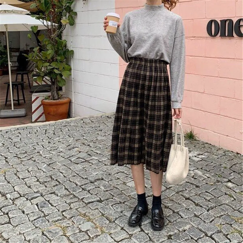 Voguable Vintage Wool Pleated Plaid Skirt Women High Waist Plus Size Long Skirt Autumn Winter Harajuku Female Party Skirt Streetwear