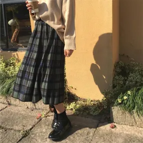 Voguable Vintage Wool Pleated Plaid Skirt Women High Waist Plus Size Long Skirt Autumn Winter Harajuku Female Party Skirt Streetwear